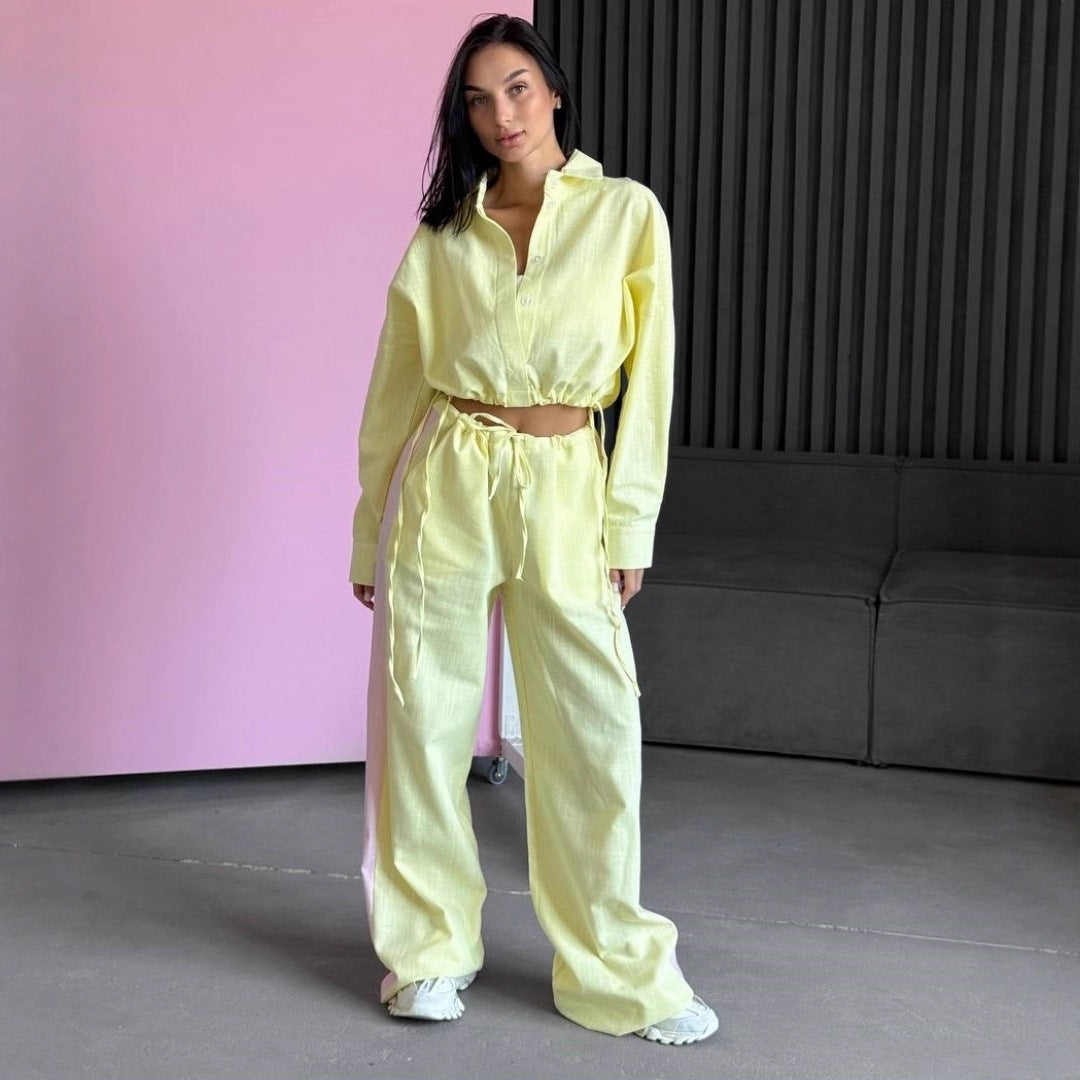 Damen Zweiteiliges Baumwoll-Leinen-Loungewear-Set mit Cropped-Hemdbluse und weitem Tunnelzug-Hose – Élanora
