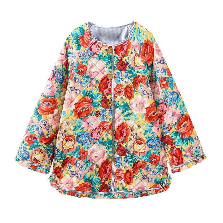 Damen Patchwork Steppjacke mit buntem Blumenmuster und Knopfdetails Echoarchiv