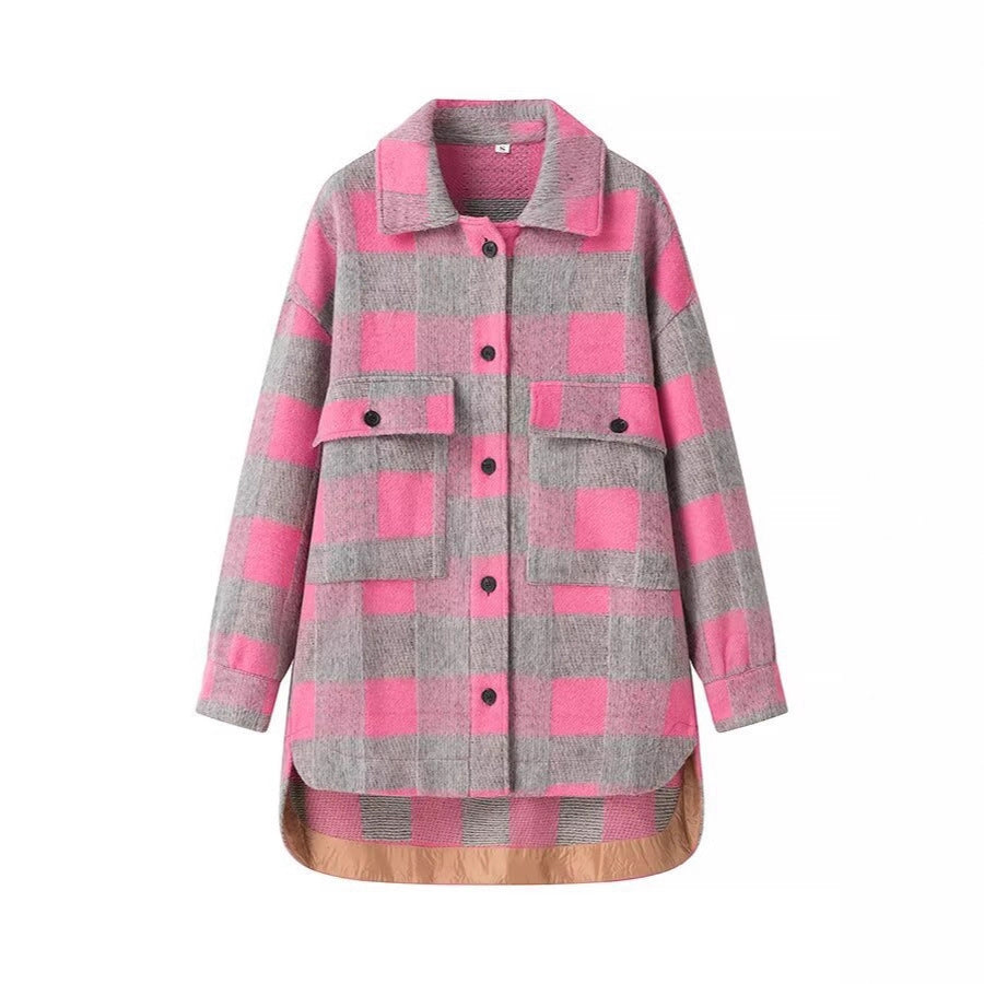 Damen Oversized Hemdjacke im Karo mit großen Pattentaschen und gerundetem Saum Echo Archiv