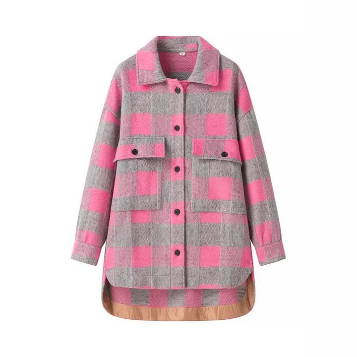 Damen Oversized Hemdjacke im Karo mit großen Pattentaschen und gerundetem Saum Echo Archiv
