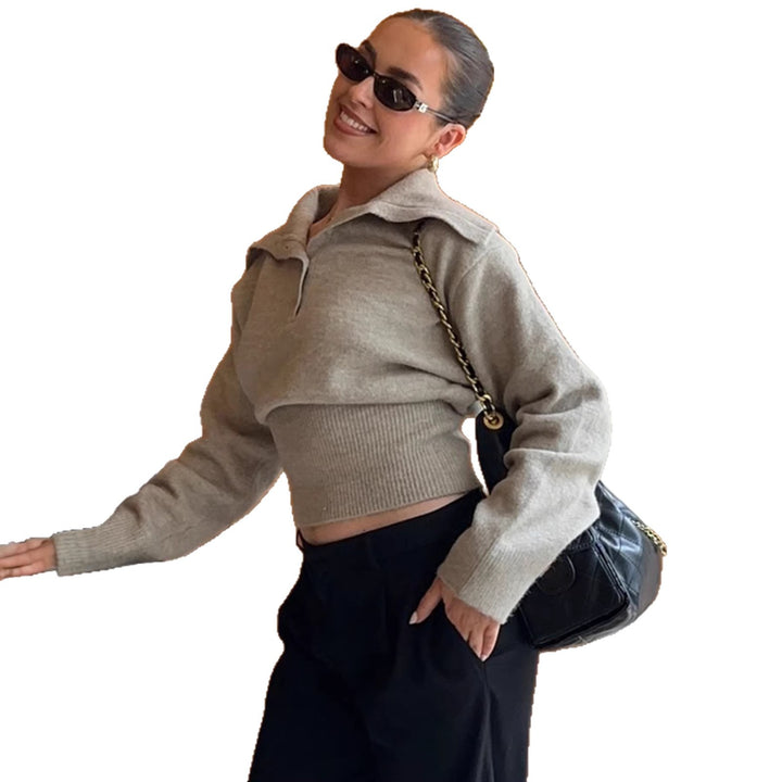 Damen Kurzgeschnittener Feinstrickpullover mit Polokragen und breitem Rippbund Echo Archiv