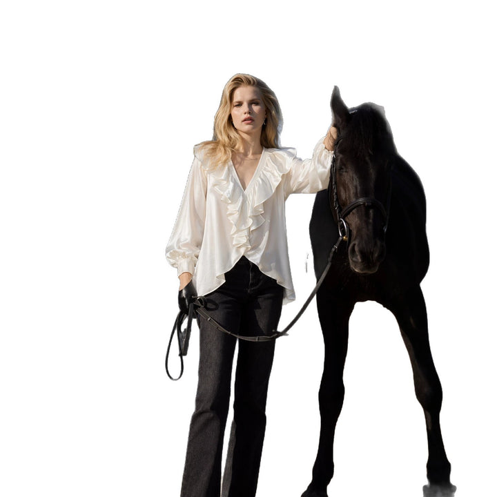 Damen schimmernde V-Neck Rüschenbluse mit Ballonärmeln und elastischen Bündchen – Élovi