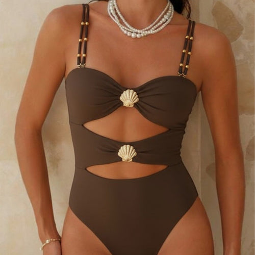 Damen Designer-Badeanzug mit Cut-Out-Details und Muschel-Applikation Echo Archiv