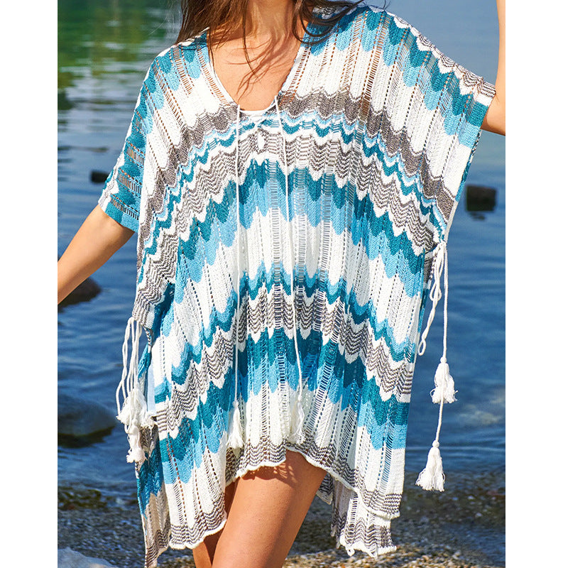 Damen lässiger Strandkimono im Wellenmuster mit offenen Ärmeln und seitlichen Schlitzen Echo Archiv