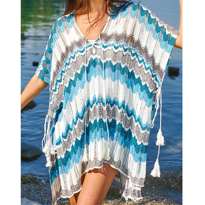 Damen lässiger Strandkimono im Wellenmuster mit offenen Ärmeln und seitlichen Schlitzen Echo Archiv