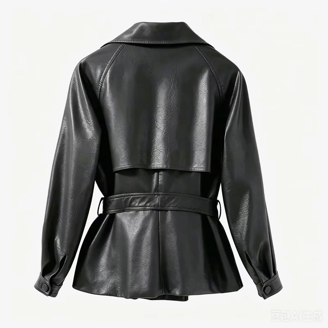 Damen taillierter Trenchcoat aus veganem Lederimitat mit weitem Revers und Bindegürtel – Montévia