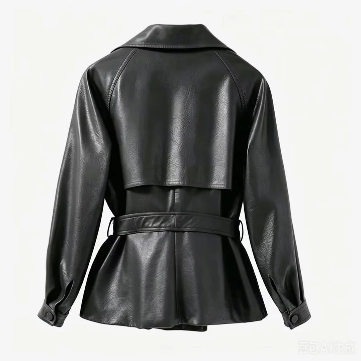 Damen taillierter Trenchcoat aus veganem Lederimitat mit weitem Revers und Bindegürtel – Montévia