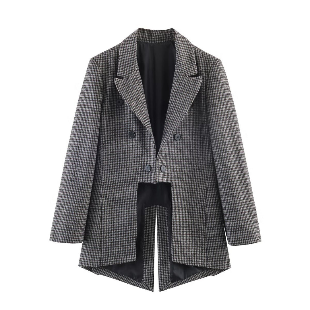 Damen Zweireihiger Hahnentritt-Blazer mit offenem Schlitz-Saum und taillierter Silhouette Echo Archiv