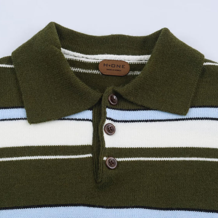 Damen Gestreifter Polokragen-Pullover mit Knopfleiste und Rippbündchen Echoarchiv