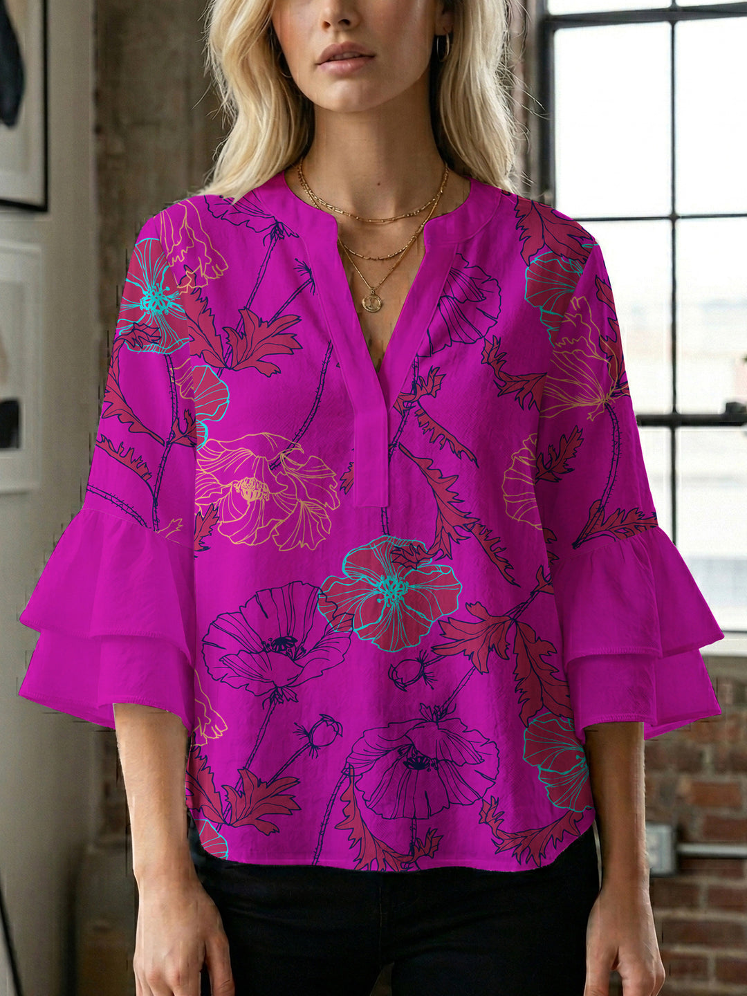 Damen Blusenshirt mit voluminösen Ärmeln und floralem Muster Echo Archiv