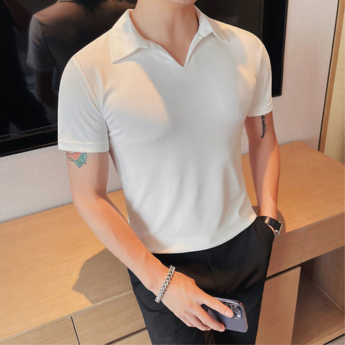 Herren Polo T-Shirt mit modernem V-Ausschnitt und atmungsaktiver Struktur Echoarchiv