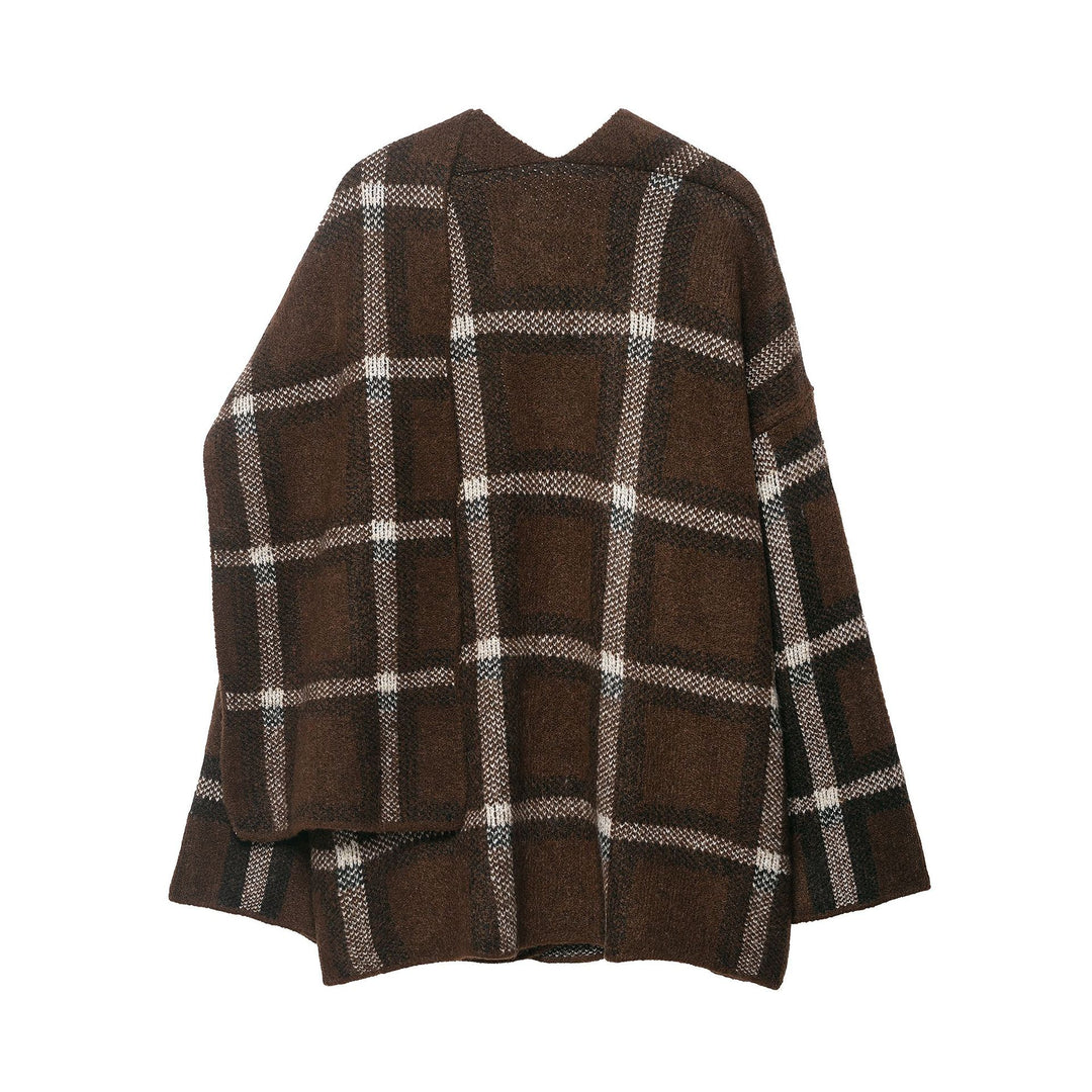 Damen Oversize Cape-Cardigan mit Kapuze, aufgesetzten Taschen und Karomuster Echoarchiv