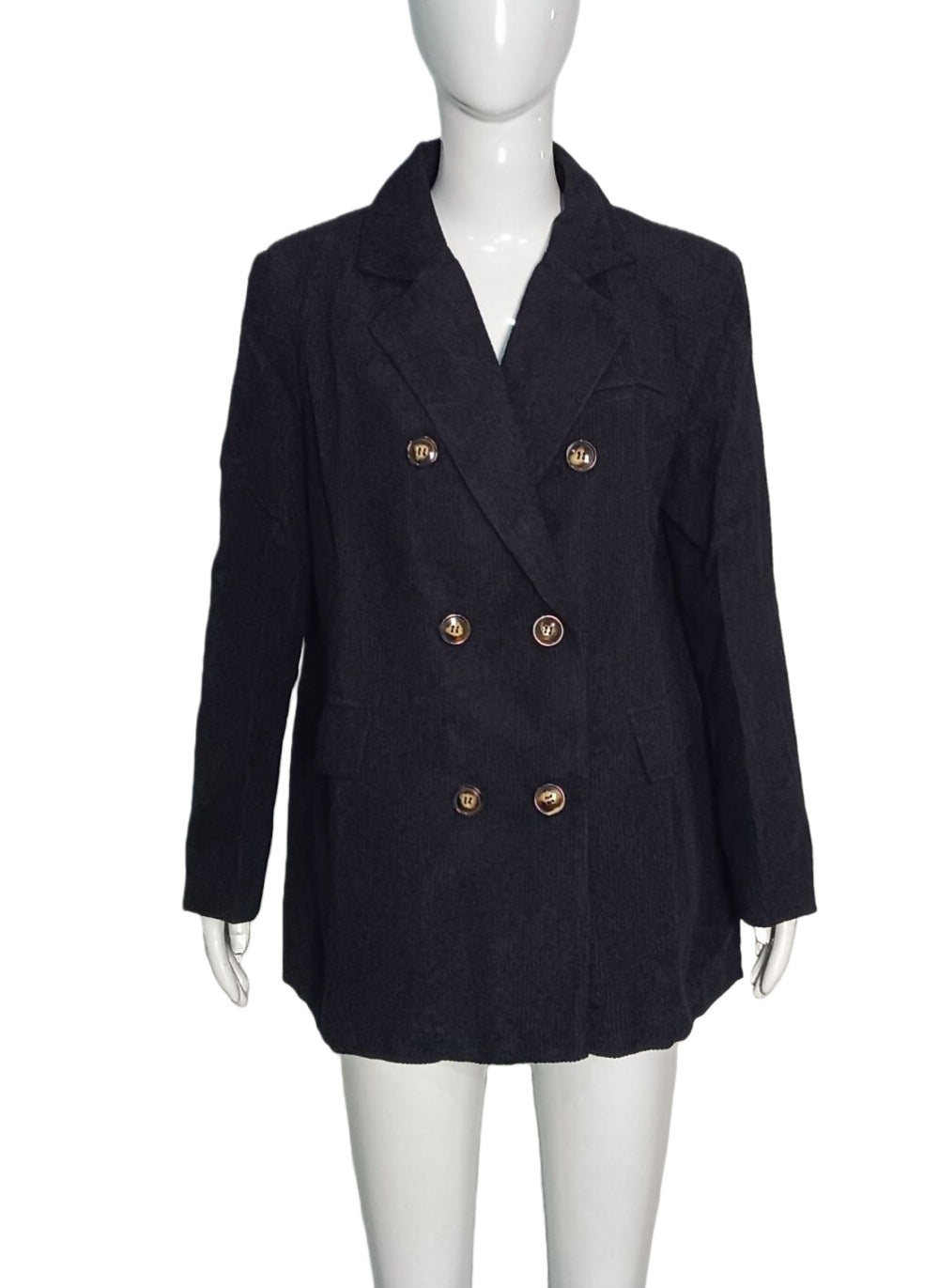 Damen Langer Cord-Blazer im Doppelreiher mit Reverskragen und Pattentaschen Echoarchiv