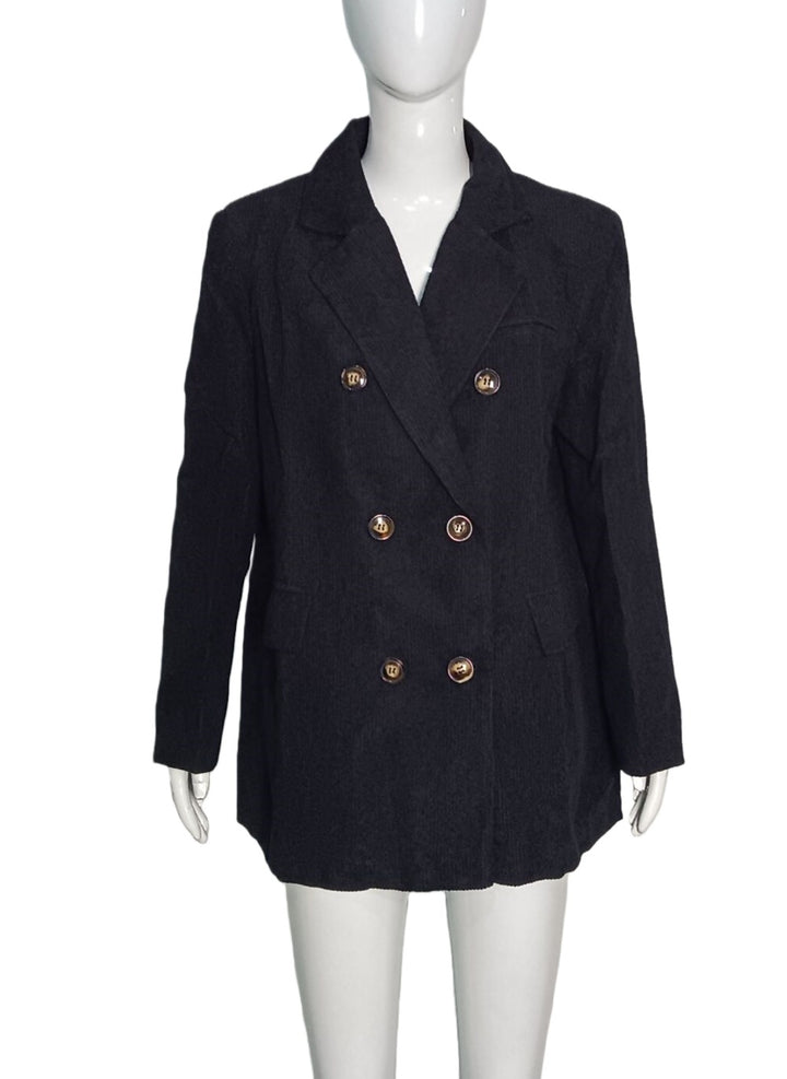 Damen Langer Cord-Blazer im Doppelreiher mit Reverskragen und Pattentaschen Echoarchiv