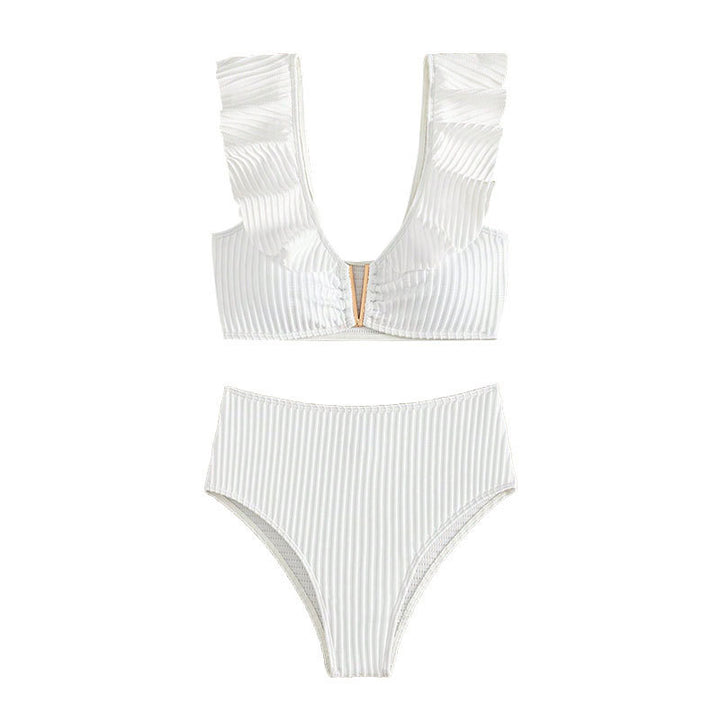 Damen hochtailliertes Bikini-Set mit Rüschendetails und goldenen Akzenten Echo Archiv