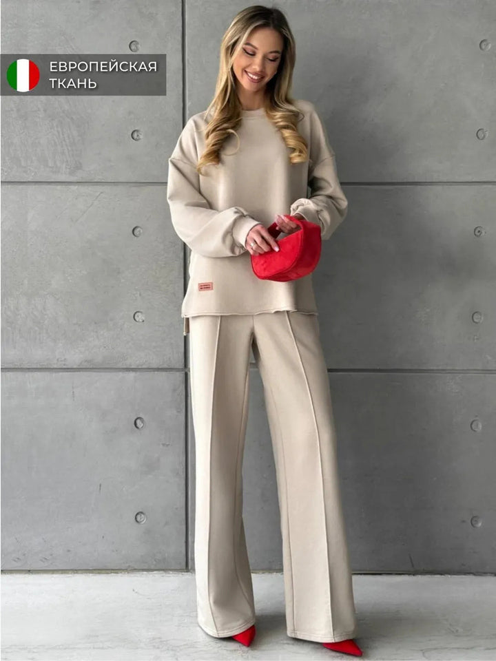 Damen eleganter Lounge-Zweiteiler mit Oversize-Sweatshirt und taillierter Weitbein-Hose – Avérine