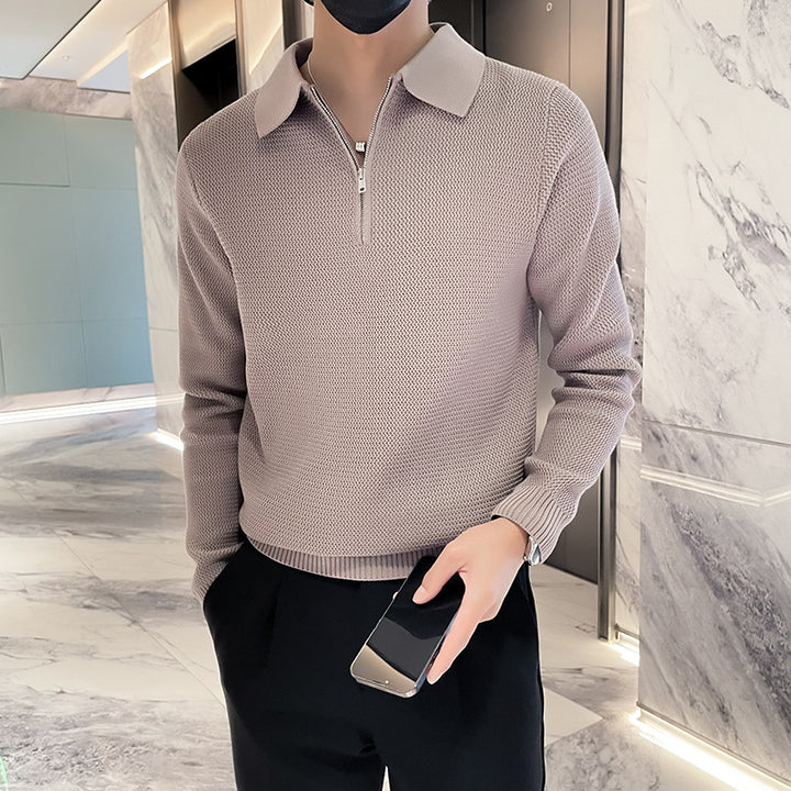 Herren Strukturierter Halbzip-Strickpolopullover mit Reißverschlusskragen Echoarchiv