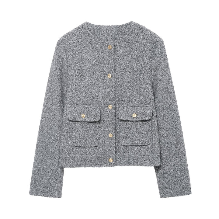 Damen Bouclé Cropped Jacke mit Goldknöpfen und aufgesetzten Pattentaschen Echoarchiv