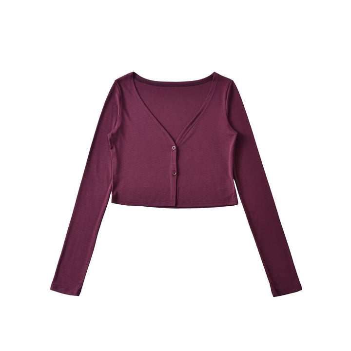 Damen Cropped Jersey-Cardigan mit tiefem V-Ausschnitt und schmaler Knopfleiste Echoarchiv