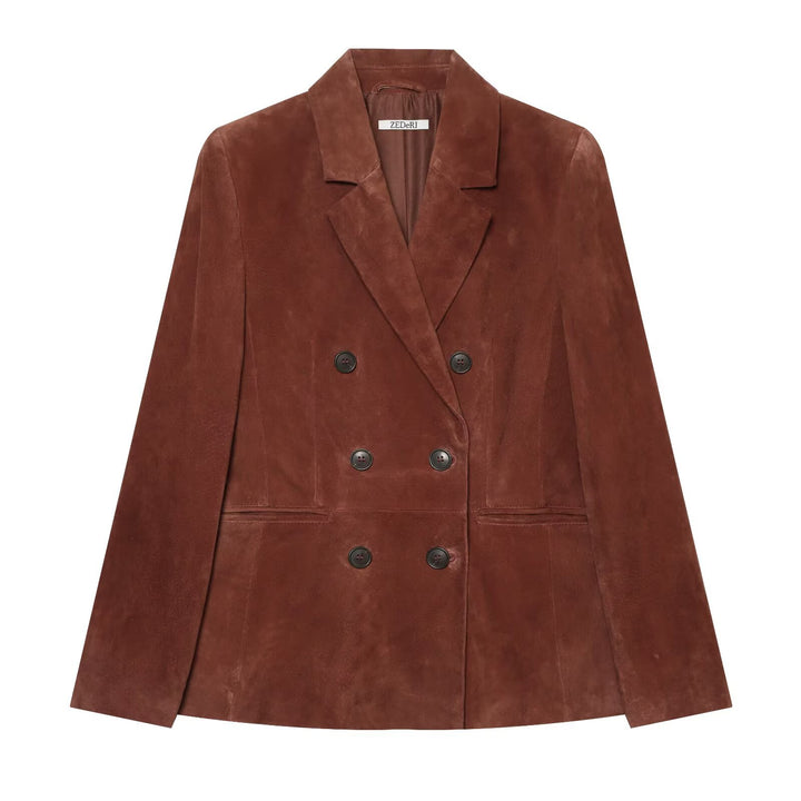 Damen Cropped zweireihiger Veloursblazer mit taillierter Passform und Leistentaschen Echoarchiv