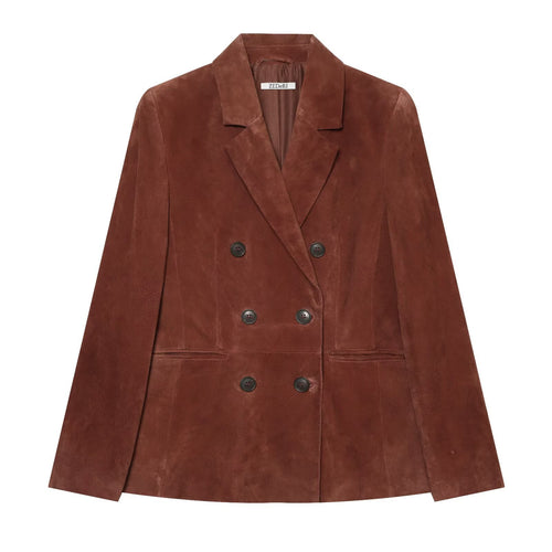 Damen Cropped zweireihiger Veloursblazer mit taillierter Passform und Leistentaschen Echoarchiv
