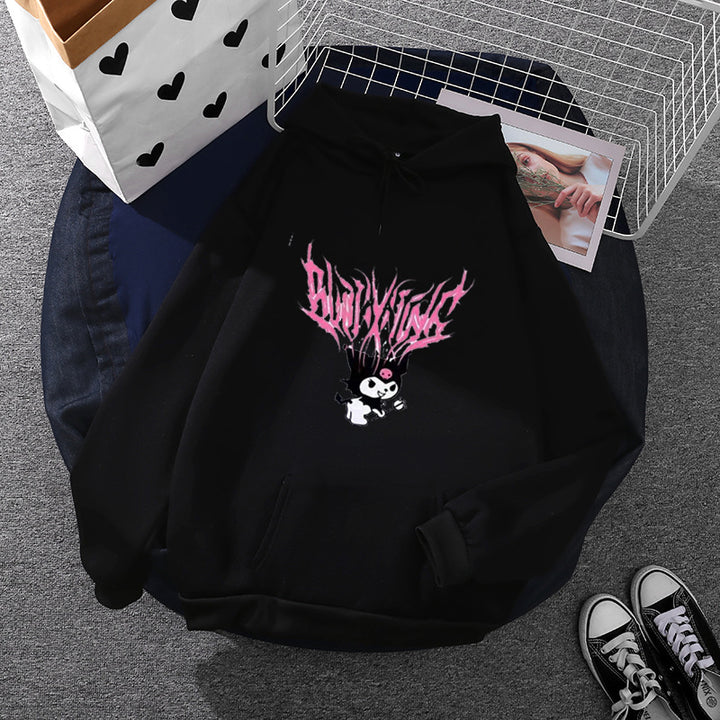 Damen lockeres Kapuzensweatshirt aus angerautem Fleece mit Kängurutasche und kawaii-Charakter-Print – Auréline