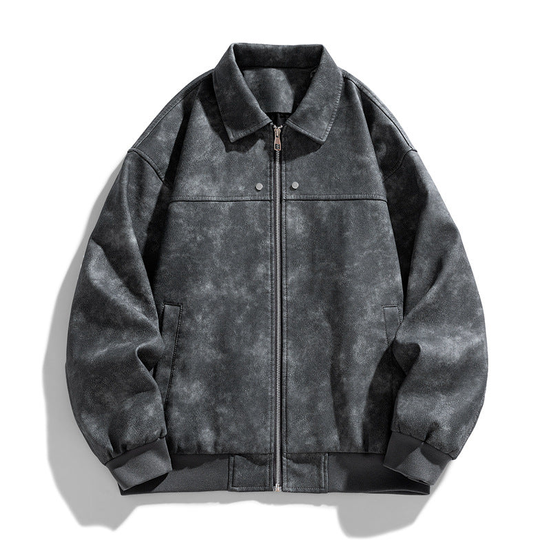 Men's suede-effect collared full-zip bomber jacket with ribbed hem – Brevano