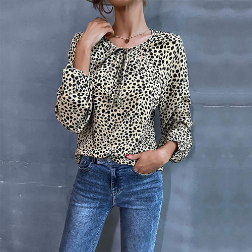 Damen Fließende Tunika-Bluse mit gerafftem Rundhalsausschnitt, Bindeband und Ballonärmeln – Élovi