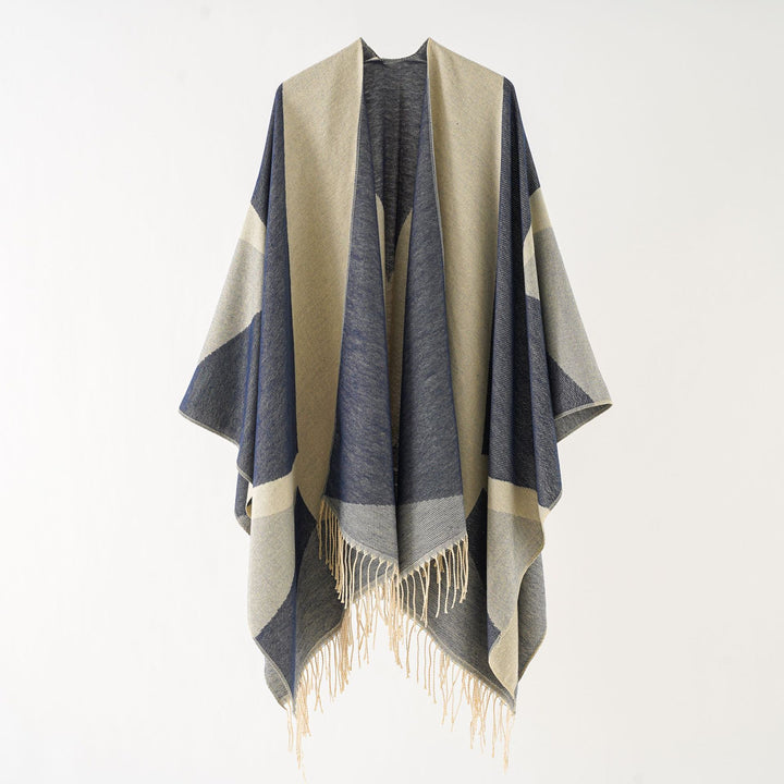 Damen Leichter reversibler Fransen-Umhang aus feiner Wollmischung – Montévia