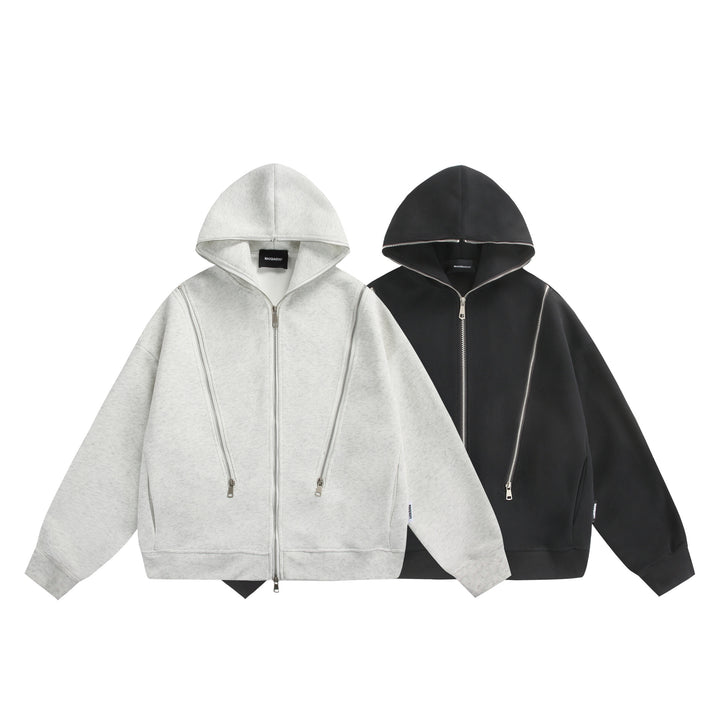 Unisex Kapuzen-Sweatjacke mit Doppelreißverschluss und Ziernaht-Panel Echoarchiv