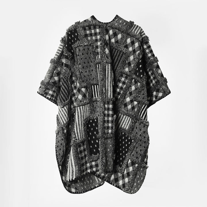 Damen Oversize-Patchwork-Cape im Bouclé- und Jacquard‑Mix mit kastiger Kurzarm-Silhouette Echo Archiv