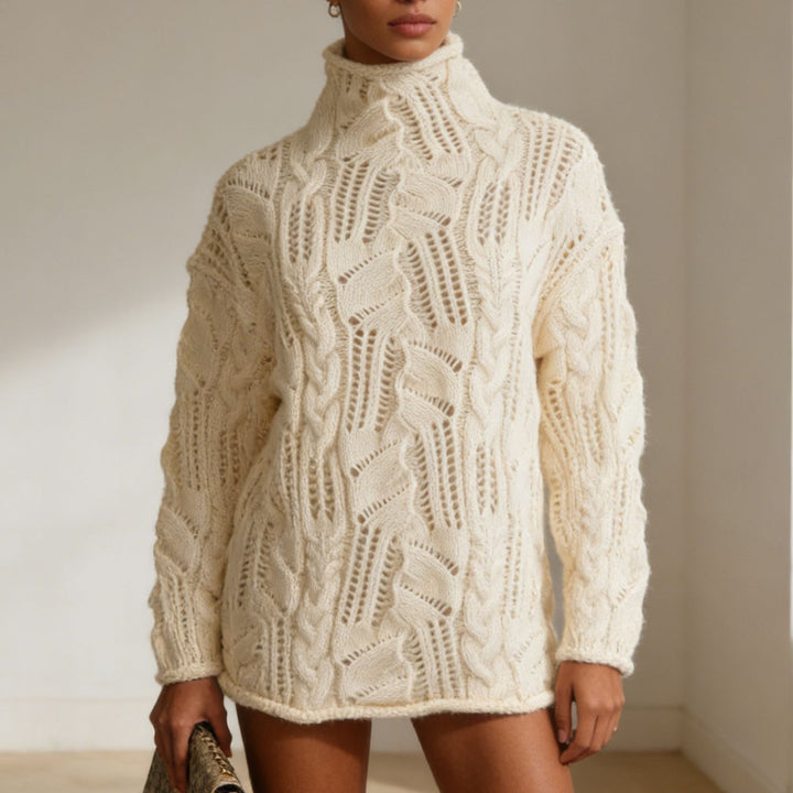 Damen Oversize Rollkragenpullover mit Ajour‑Zopfmuster – Mavelle
