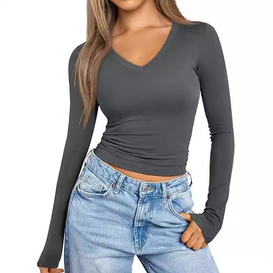Damen Figurnahes Langarm-Cropped-Shirt mit V-Ausschnitt und elastischem Taillenbund Echo Archiv