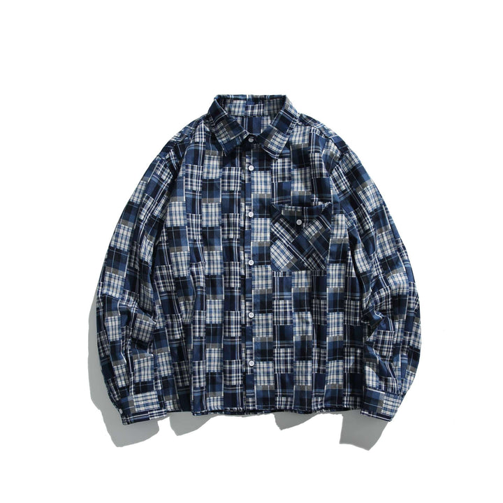 Unisex Patchwork-Karo-Hemdjacke im Oversize-Boxy-Schnitt mit Brusttasche und Kentkragen Echoarchiv