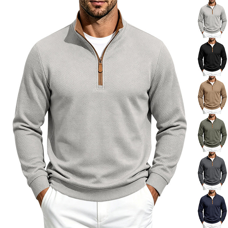 Herren Waffelstruktur-Halbzip-Sweatshirt mit Stehkragen, Kontrastfutter und Lederzipper Echoarchiv