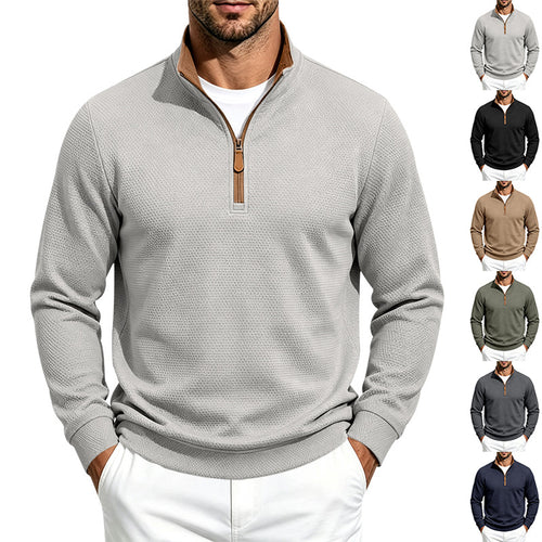 Herren Waffelstruktur-Halbzip-Sweatshirt mit Stehkragen, Kontrastfutter und Lederzipper Echoarchiv