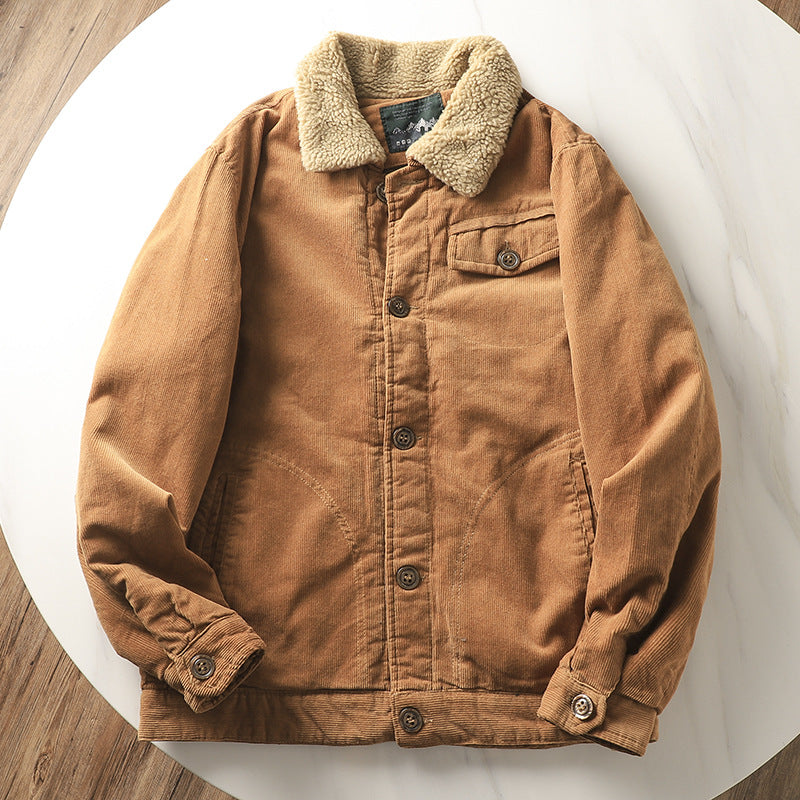 Herren nan gefütterte Cordjacke mit Teddykragen, Knopfleiste und aufgesetzten Taschen Echo Archiv