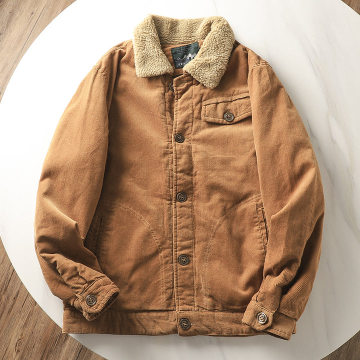Herren nan gefütterte Cordjacke mit Teddykragen, Knopfleiste und aufgesetzten Taschen Echo Archiv