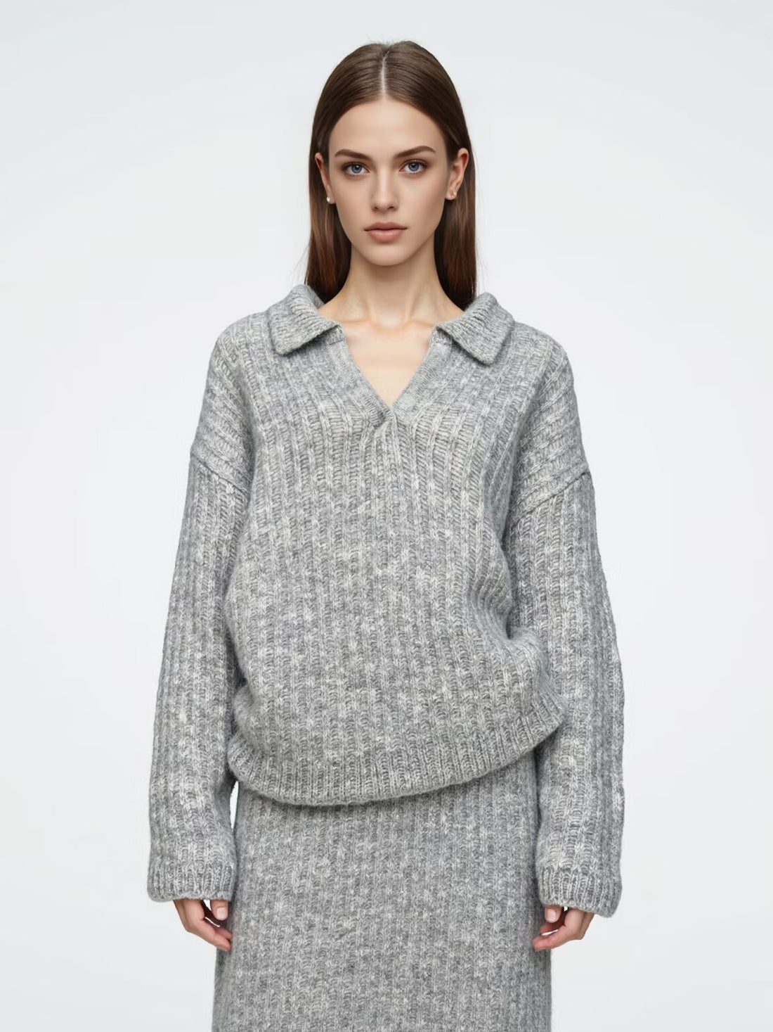Damen Oversize-Grobstrick-Set mit Polokragen und Midirock Echoarchiv