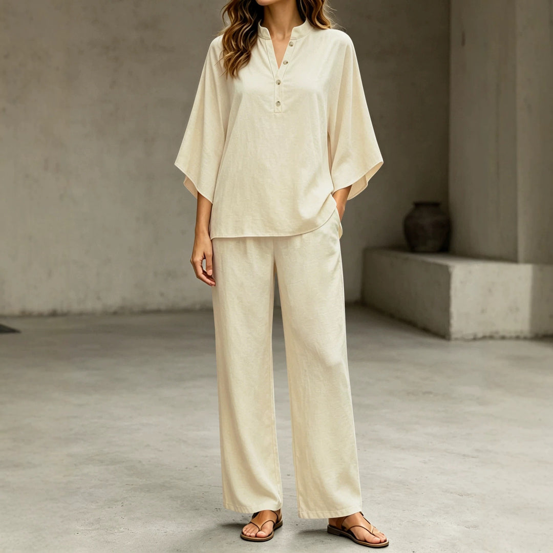 Damen Leichtes Jersey-Set mit Oversize-Henleybluse, Kimonoärmeln und weiter Bundhose – Élanora