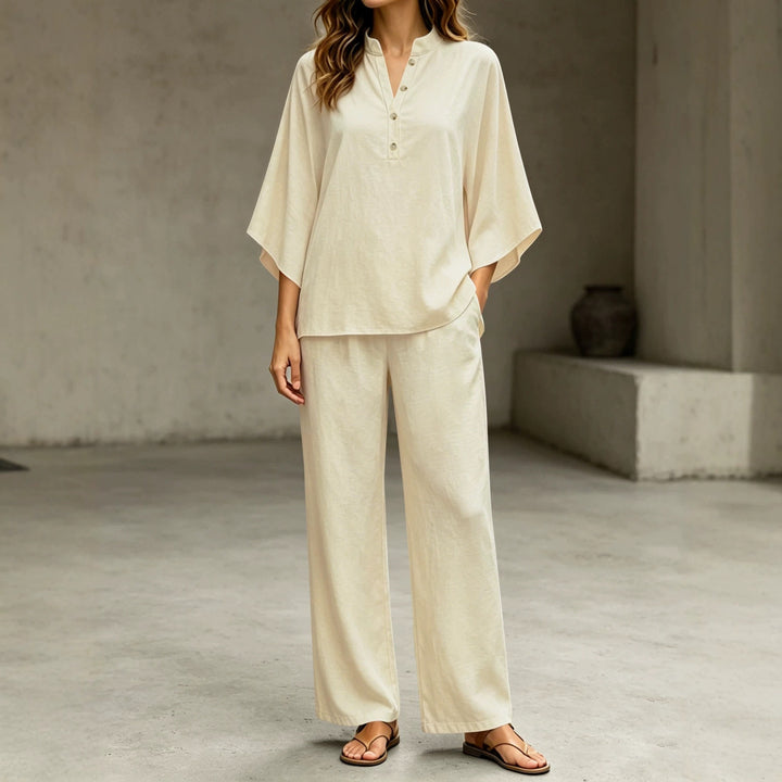 Damen Leichtes Jersey-Set mit Oversize-Henleybluse, Kimonoärmeln und weiter Bundhose – Élanora