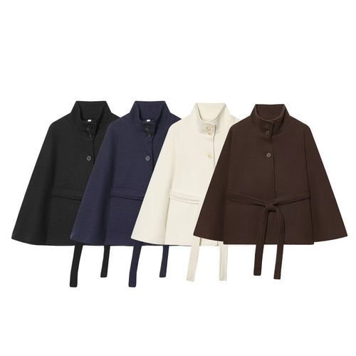 Damen Kurzes Cape-Mantel mit Stehkragen, Knopfleiste und Bindegürtel Echo Archiv