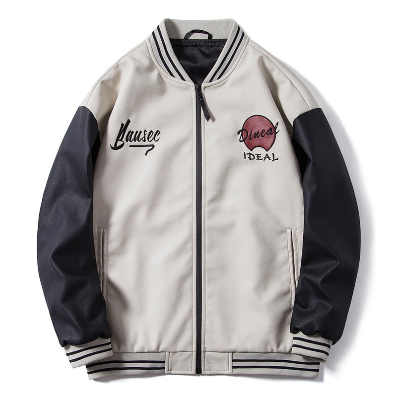 Herren Retro-College-Bomberjacke aus Kunstleder mit gestickten Logos und Rippsaum Echo Archiv