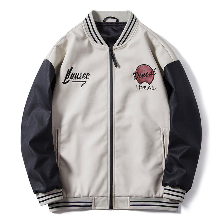 Herren Retro-College-Bomberjacke aus Kunstleder mit gestickten Logos und Rippsaum Echo Archiv