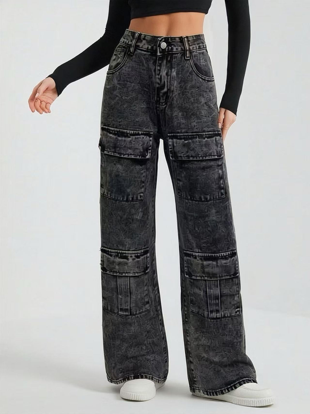 Damen nan High‑Waist Utility-Denimhose mit aufgesetzten Knie-Patches, Cargo‑Taschen und weitem Schlag Echo Archiv