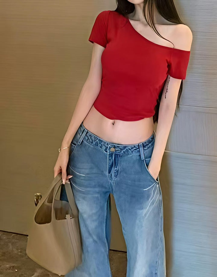 Damen lässiges Crop-Top im Off-Shoulder Stil Echo Archiv