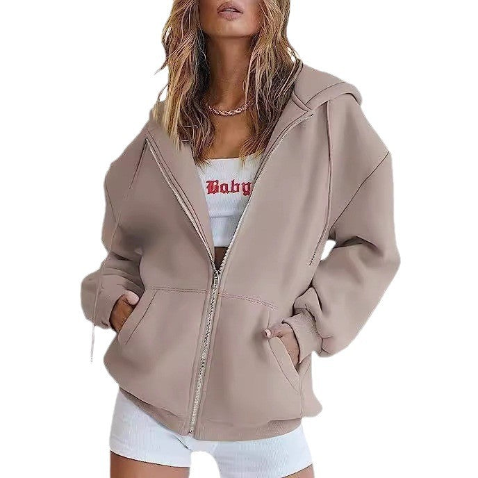 Damen oversized Kapuzenjacke mit durchgehendem Reißverschluss Kängurutaschen und weichem Sweatmaterial – Auréline