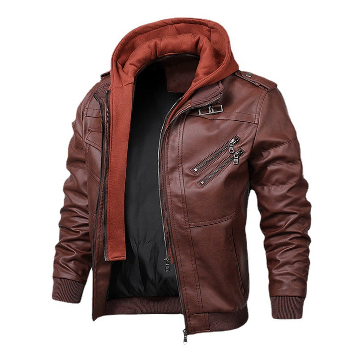 Herren Lederimitat-Fieldblouson mit innenliegendem Hoodie, Reißverschluss-Brusttaschen und Rippbündchen – Taviero