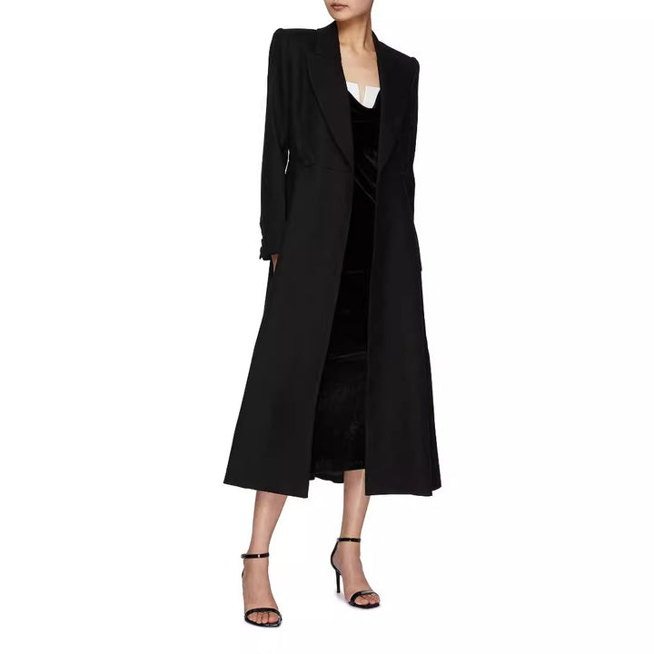 Damen langer taillierter Blazer‑Mantel mit Maxi‑Länge und strukturierten Schultern Echoarchiv