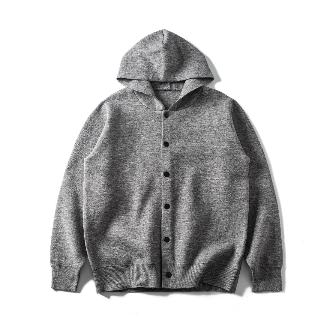 Unisex Leichte Kapuzen‑Strickjacke mit Druckknopfleiste und Rippbündchen Echoarchiv
